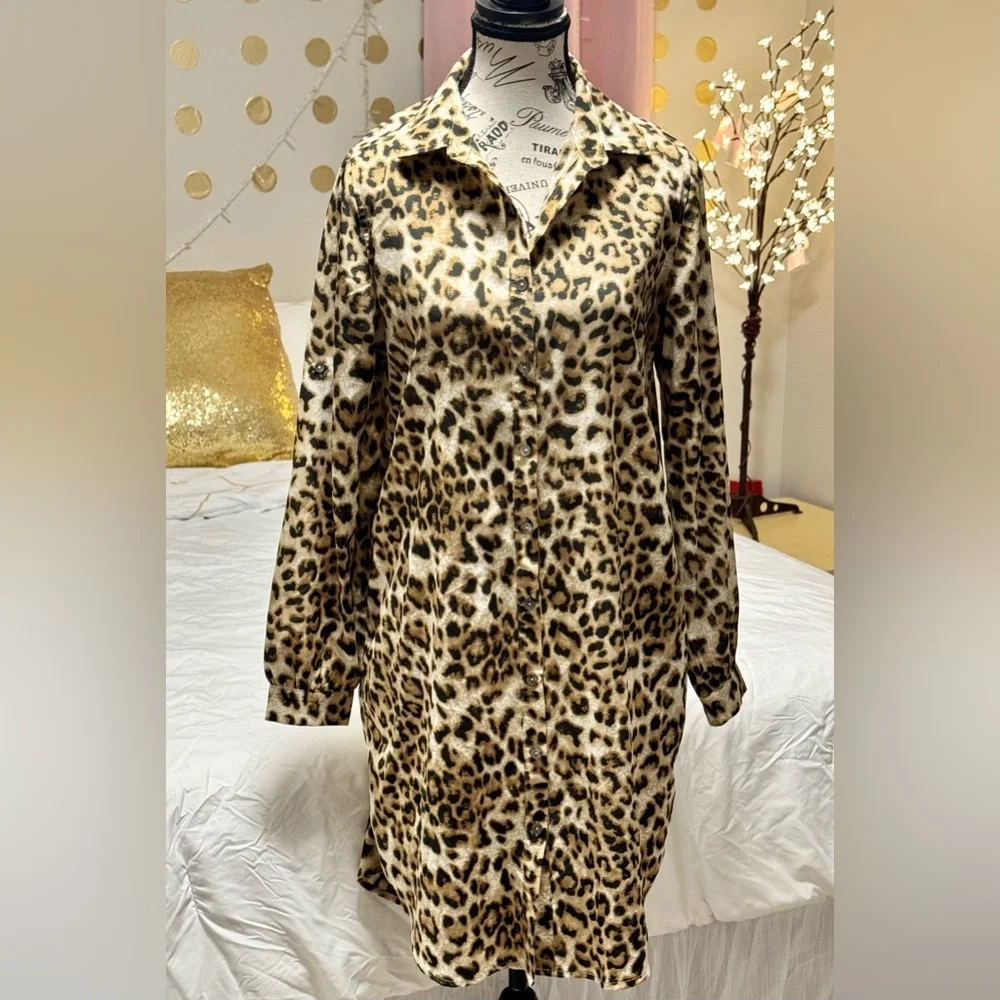 ODDI Leopard Print Button Down Shirt Dress Medium - Picture 2 of 6